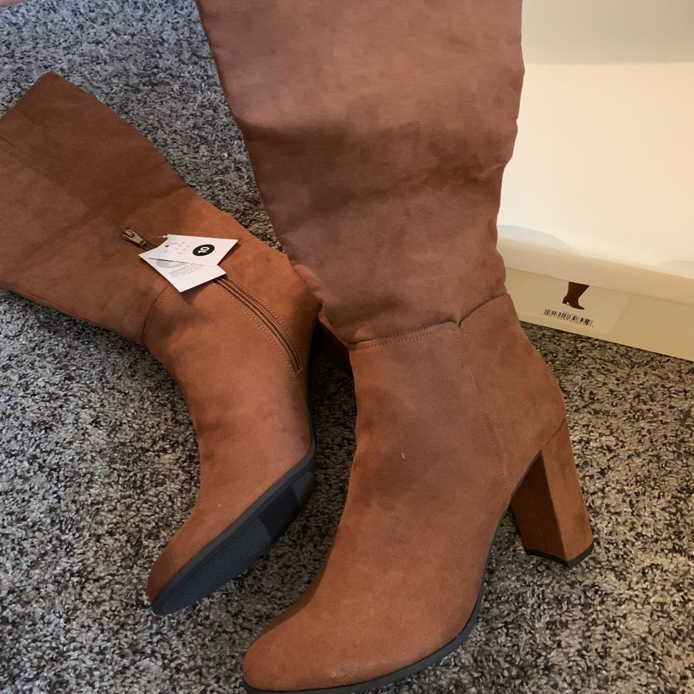 NEW! Cognac Suede Chunky Heel Tall Boots size 10